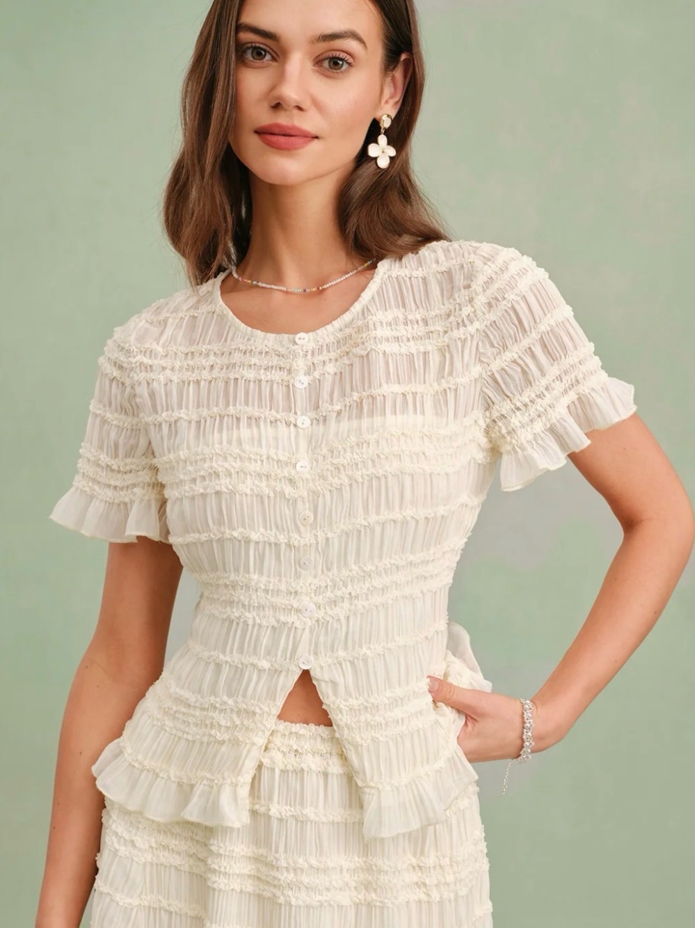 Apricot Boat Neck Shirred Tee